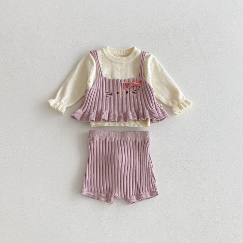 2025 Autumn Infant Baby Girls Solid Color Long Sleeves Top, Cartoon Pattern Sleeveless Vest with Bloomers Sets Wholesale