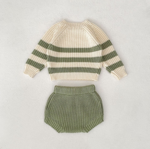 2025 Autumn and Spring Infant Baby Unisex Striped Pattern Color Patchwork Long Sleeves Cardigan With Plain Bloomers Sets Wholesale