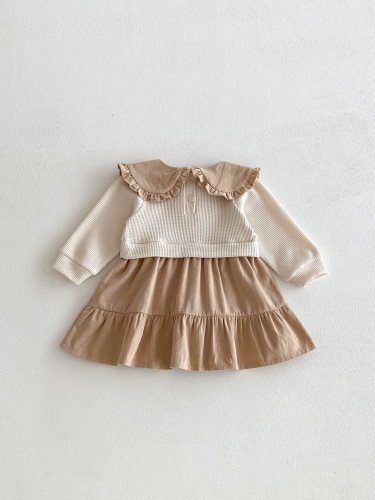 Autumn Infant Baby Girls Color Patchwork Long Sleeves One Piece Dress Wholesale