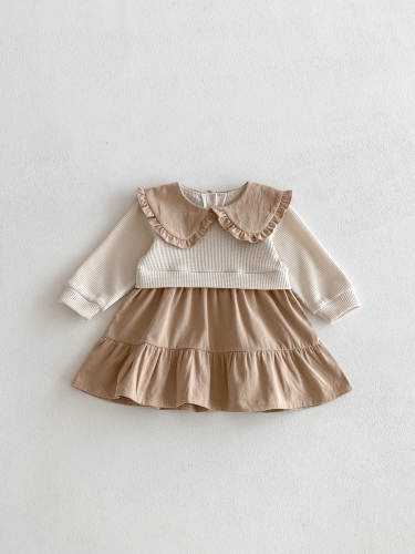 Autumn Infant Baby Girls Color Patchwork Long Sleeves One Piece Dress Wholesale