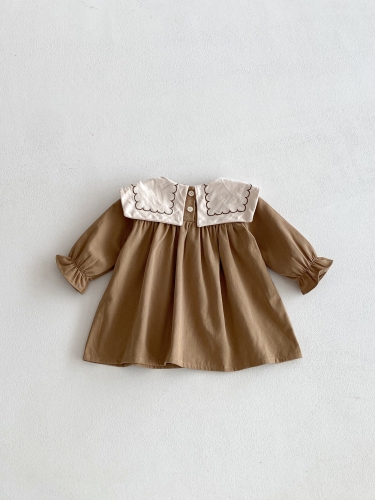 Autumn Infant Baby Girls Flowers Embroidery Pattern Long Sleeves Vintage One Piece Dress Wholesale