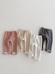 2025 New Arrival Baby Kids Girls Solid Color Butterfly-bow Decorated Warm Pants In Winter and Autumn Wholesale