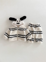 New Arrival Winter Infant Baby Unisex Fluffy Warm Long Sleeves Cartoon Pattern Top and Striped Pants Pajamas Sets Wholesale