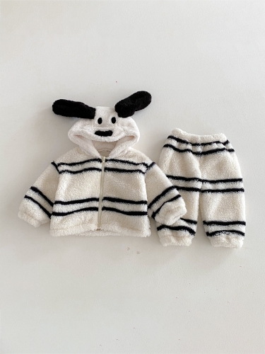 New Arrival Winter Infant Baby Unisex Fluffy Warm Long Sleeves Cartoon Pattern Top and Striped Pants Pajamas Sets Wholesale
