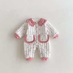 Winter Infant Baby Girls Flowers Pattern Thick Cotton-Padded Long Sleeves One Piece Rompers Wholesale