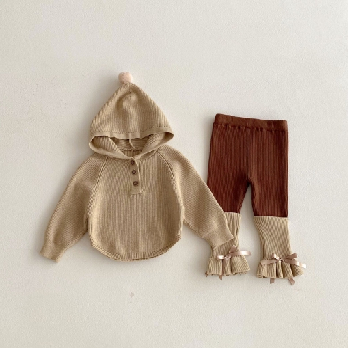 2026 Spring and Autumn Infant Baby Girls Long Sleeves Plain Hoodies with Color Patchwork Pants Knitted Sets Wholesale