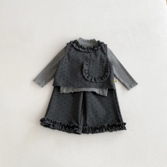 2026 Spring Infant Baby Girls Solid Color Long Sleeves Grey Top, Dots Pattern Sleeveless Vest with Pants Sets Wholesale