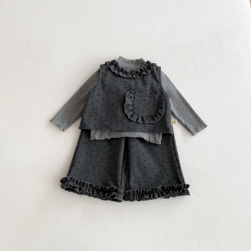 2026 Spring Infant Baby Girls Solid Color Long Sleeves Grey Top, Dots Pattern Sleeveless Vest with Pants Sets Wholesale