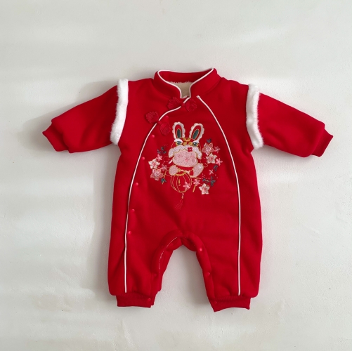 Autumn and Winter Infant Baby Unisex Color Patchwork Long Sleeve One Piece Fleece-lined Cartoon Romper Wholesale