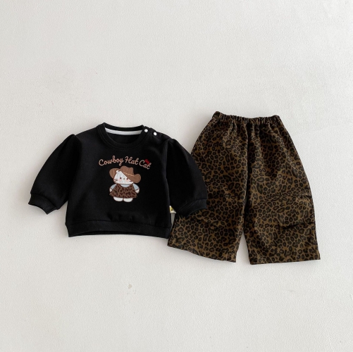 2026 Spring and Autumn Infant Baby Girls Long Sleeves Cartoon Pattern Pullover with Leopard Pants Sets Wholesale