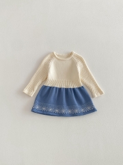 Spring and Autumn Infant Baby Girls Knitted Geometric Pattern Long Sleeves Hollow-out One Piece Dress Wholesale