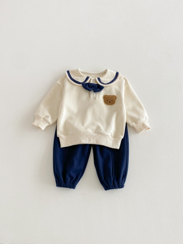 2026 Spring and Autumn Infant Baby Kids Unisex Long Sleeves Teddy Bear Pattern Pullover with Plain Pants Preppy Sets Wholesale