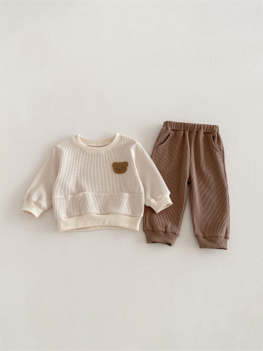 2026 Spring and Autumn Infant Baby Kids Unisex Long Sleeves Cartoon Teddy Bear Pattern Pullover with Pants Sets Wholesale