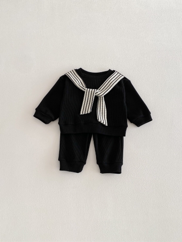2026 Spring and Autumn Infant Baby Kids Unisex Long Sleeves Striped Pattern Pullover with Plain Pants Sets Wholesale