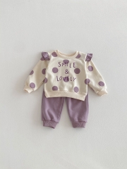 2026 Spring and Autumn Infant Baby Kids Girls Long Sleeves Polka Dots and Letters Pattern Pullover with Pants Sets Wholesale