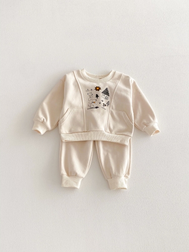 2026 Spring and Autumn Infant Baby Kids Unisex Long Sleeves Cartoon and Flower Pattern Pullover with Pants Sets Wholesale
