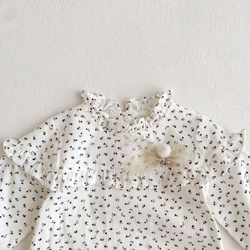 Spring and Autumn Infant Baby Girls Tulle Decorated Long Sleeves One Piece Floral Onesies Wholesale