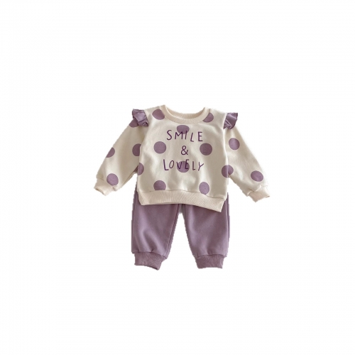 2026 Spring and Autumn Infant Baby Kids Girls Long Sleeves Polka Dots and Letters Pattern Pullover with Pants Sets Wholesale