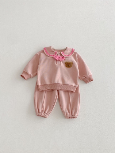2026 Spring and Autumn Infant Baby Kids Unisex Long Sleeves Teddy Bear Pattern Pullover with Plain Pants Preppy Sets Wholesale