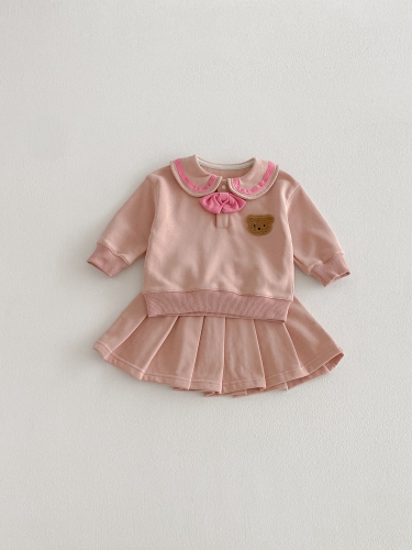 2026 Spring and Autumn Infant Baby Kids Girls Long Sleeves Teddy Bear Pattern Pullover with Plain Skirt Preppy Sets Wholesale
