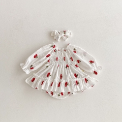 Spring and Autumn Infant Baby Girls Cherry Pattern Embroidered Long Sleeves One Piece Onesies Dress Wholesale
