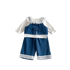 2026 Spring Infant Baby Kids Girls Long Sleeves Hollow-out Collar Top, Denim Vest With Pants Sets Wholesale