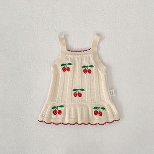 New Arrival Spring and Autumn Infant Baby Girls Strawberry Embroidered Sleeveless Knitted Vest Dress Wholesale