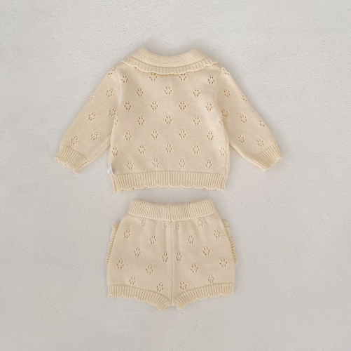 2026 Spring and Autumn Infant Baby Kids Girls Long Sleeves Solid Color Hollow-out Pattern Knitted Sweater with Bloomers Sets Wholesale