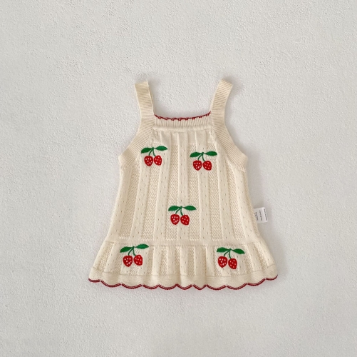 New Arrival Spring and Autumn Infant Baby Girls Strawberry Embroidered Sleeveless Knitted Vest Dress Wholesale