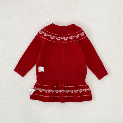 2026 Spring and Autumn Infant Baby Kids Girls Long Sleeves Hearts Pattern Knitted Cardigan with Sleeveless Dress Sets Wholesale