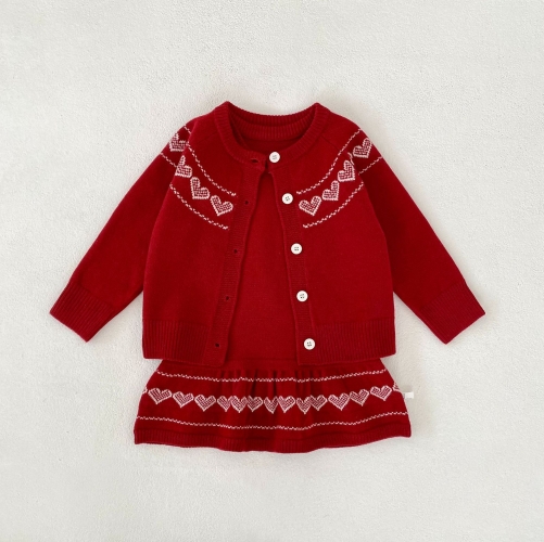 2026 Spring and Autumn Infant Baby Kids Girls Long Sleeves Hearts Pattern Knitted Cardigan with Sleeveless Dress Sets Wholesale