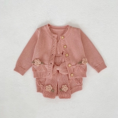 2026 Spring and Autumn Infant Baby Kids Girls Long Sleeves Flowers Pattern Knitted Cardigan with Sleeveless Onesies Sets Wholesale