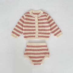 2026 Spring and Autumn Infant Baby Kids Girls Long Sleeves Striped Pattern Knitted Cardigan with Bloomers Sets Wholesale
