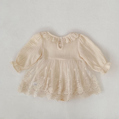 Spring and Autumn Infant Baby Girls Floral Pattern Long Sleeves One Piece Tulle Dress Wholesale