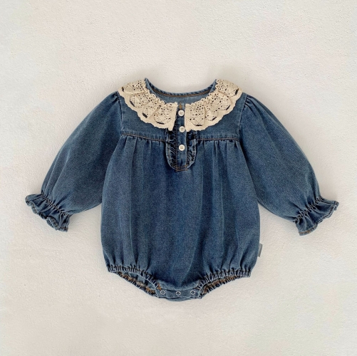 Spring and Autumn Infant Baby Girls Color Patchwork Long Sleeves One Piece Stylish Denim Onesies Wholesale