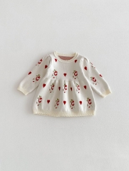Spring and Autumn Infant Baby Girls Flowers and Hearts Pattern Long Sleeves One Piece Knitted Dress Wholesale
