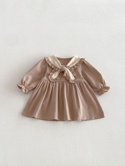 Spring and Autumn Infant Baby Girls Color Patchwork Long Sleeves One Piece Preppy Dress Wholesale