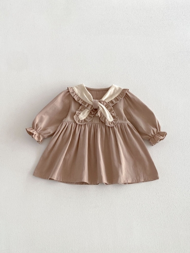 Spring and Autumn Infant Baby Girls Color Patchwork Long Sleeves One Piece Preppy Dress Wholesale