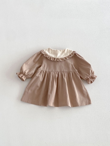 Spring and Autumn Infant Baby Girls Color Patchwork Long Sleeves One Piece Preppy Dress Wholesale