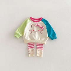 2026 Spring and Autumn Infant Baby Kids Girls Long Sleeves Cartoon Pattern Color Patchwork Pullover with Striped Pants Sets Wholesale