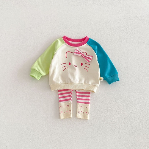 2026 Spring and Autumn Infant Baby Kids Girls Long Sleeves Cartoon Pattern Color Patchwork Pullover with Striped Pants Sets Wholesale 2026 Spring and Autumn Infant Baby Kids Girls Long Sleeves Cartoon Pattern Color Patchwork Pullover with Striped Pants Sets Wholesale