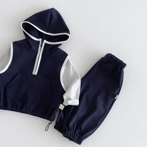 2026 Spring and Autumn Infant Baby Kids Boys and Girls Long Sleeves Grey Top, Blue Vest with Pants Sets Wholesale