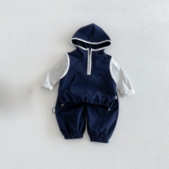 2026 Spring and Autumn Infant Baby Kids Boys and Girls Long Sleeves Grey Top, Blue Vest with Pants Sets Wholesale