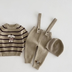 2026 Spring and Autumn Infant Baby Kids Boys and Girls Long Sleeves Striped Pullover, Strap Overalls with Hat Knitted Sets Wholesale