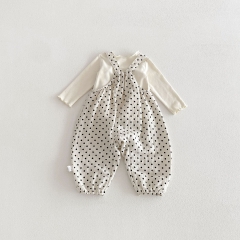 2026 Spring and Autumn Infant Baby Kids Girls Long Sleeves Letters Pattern Top with Dots Pattern Overalls Sets Wholesale