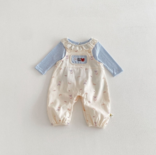 2026 Spring and Autumn Infant Baby Kids Girls Long Sleeves Striped Pattern Top with Cartoon Pattern Overalls Sets Wholesale