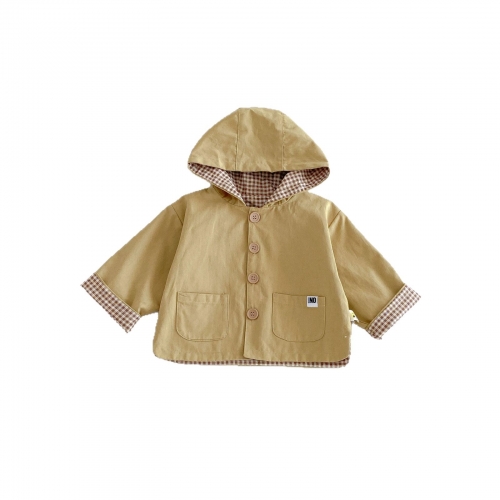 New Arrival Spring Baby Kids Boys and Girls Long Sleeves Plaid Pattern Hooded Color Patchwork Coat Wholesale