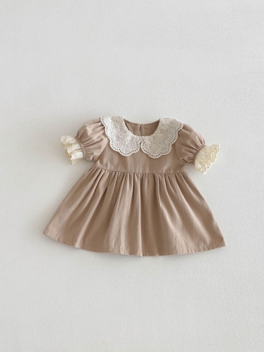 Summer Infant Baby Girls Color Patchwork Long Sleeves Flowers Embroidered Collar One Piece Dress Wholesale