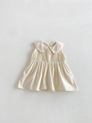 Summer Infant Baby Girls Solid Color Sleeveless Pleated One Piece Dress with Collar Wholesale