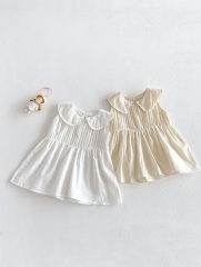 Summer Infant Baby Girls Solid Color Sleeveless Pleated One Piece Dress with Collar Wholesale